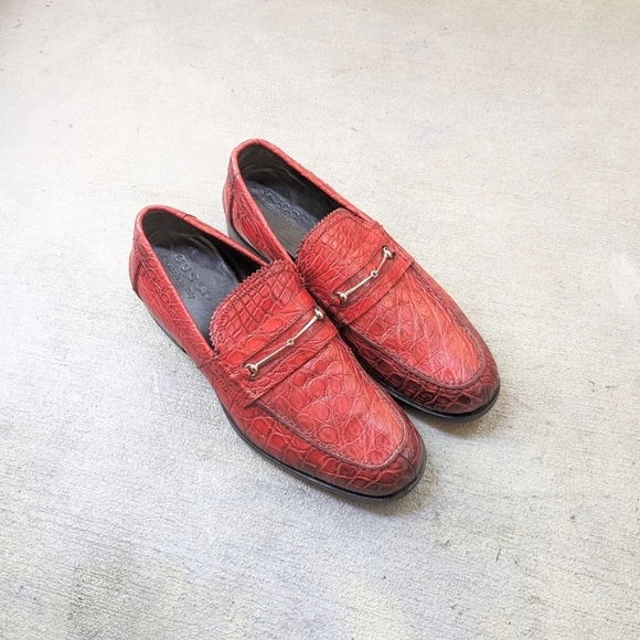 Gucci Horsebit Loafers Crocodile Red Men 7.5 Leather Snaffle Italy Heel Platform
